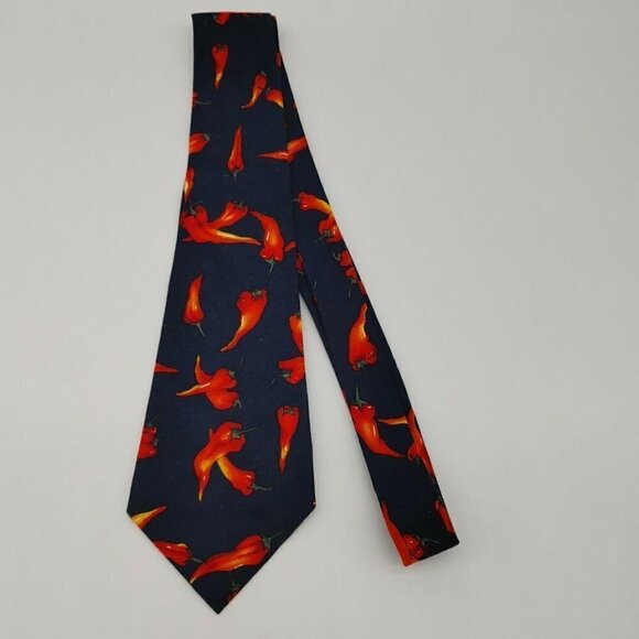 Mens Navy Blue Handmade Chili Pepper Print Formal Pointed Neck Tie Size 62x4 In - Picture 2 of 6